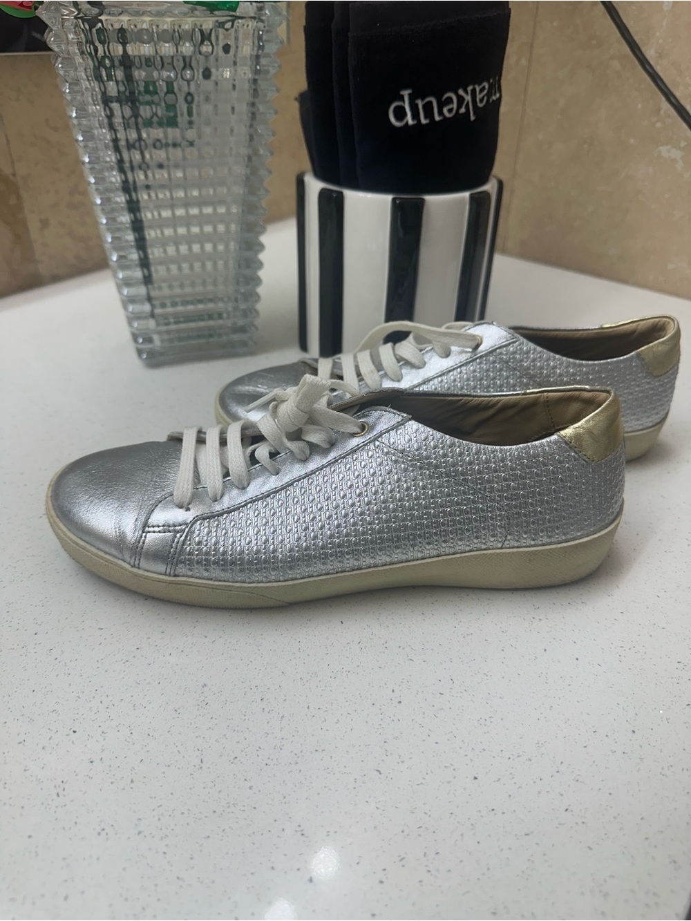 Carolina Herrera Metallic Silver Low-Top Sneakers with Cream Trim